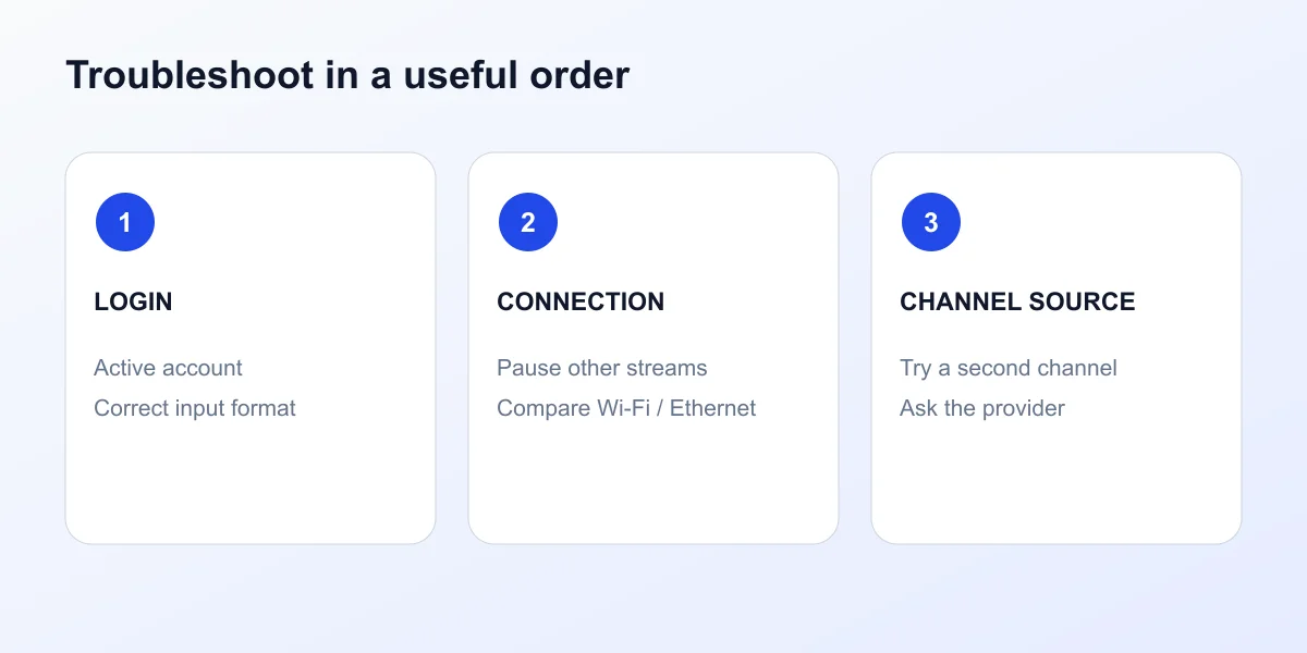 Windows IPTV troubleshooting order: check login, connection and channel source