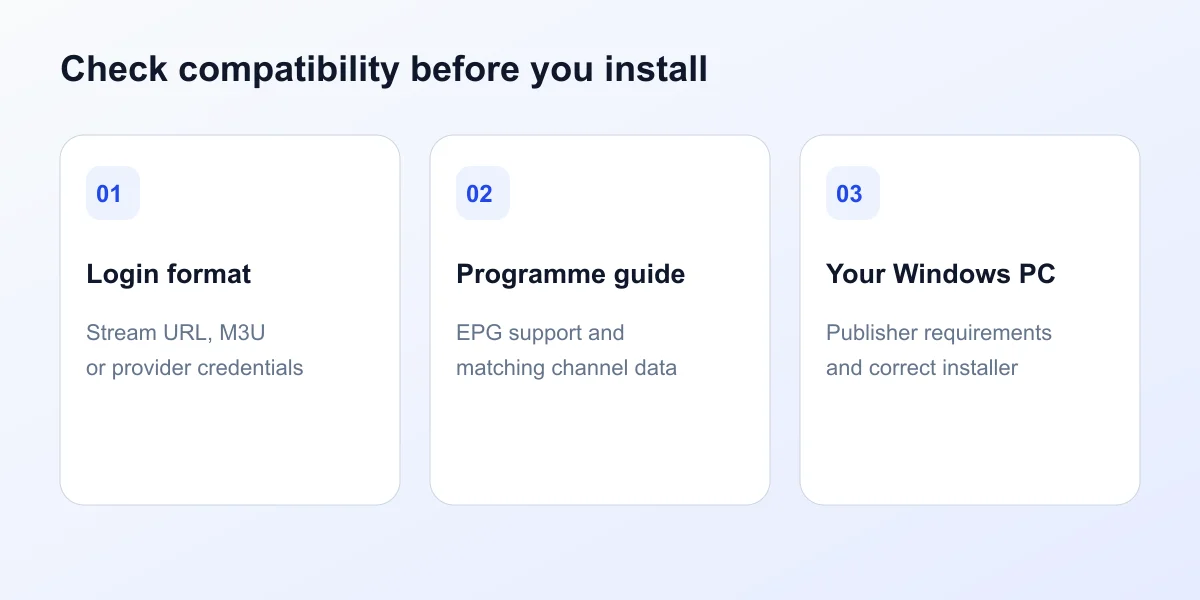 IPTV compatibility checklist: login format, programme guide and Windows device requirements